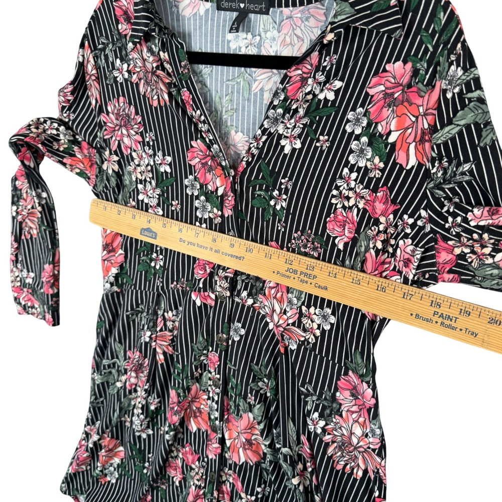 Derek Heart Print Shirt Dress L Y2K Indie Cottagecore Floral Stripe Button Up - Picture 5 of 9